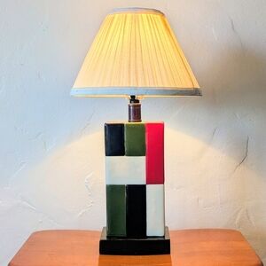 OOAK Fused Glass Artist Lamp - Mid Century Modern Geometric - Wood Base